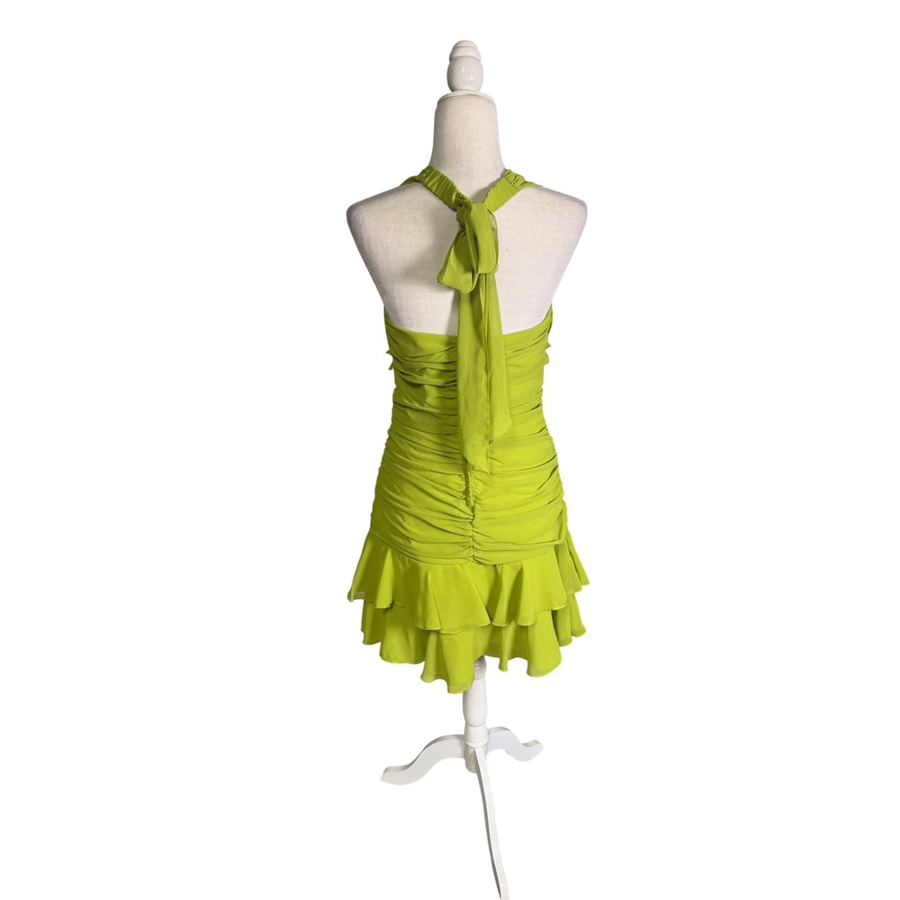 Vintage Y2K Roberta Lime Green Ruched Halter Ruffle Mini Dress Size 2–4 - Picture 2 of 5